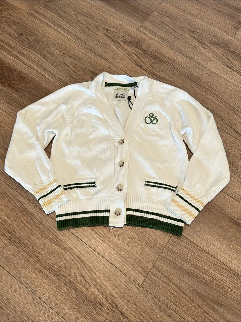 New! Scotch & Soda Amsterdam White Cardigan with Green Trim Small - Picture 3 of 11